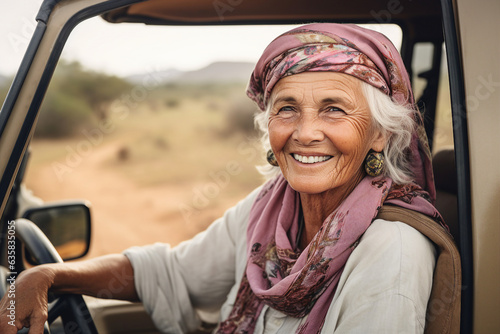 Generative AI picture cheerful aged traveler woman smiling while traveling in car on desert sand car trip
