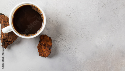 Organic Chaga mushroom coffee on light background. Top view. Horizontal. Copy space.