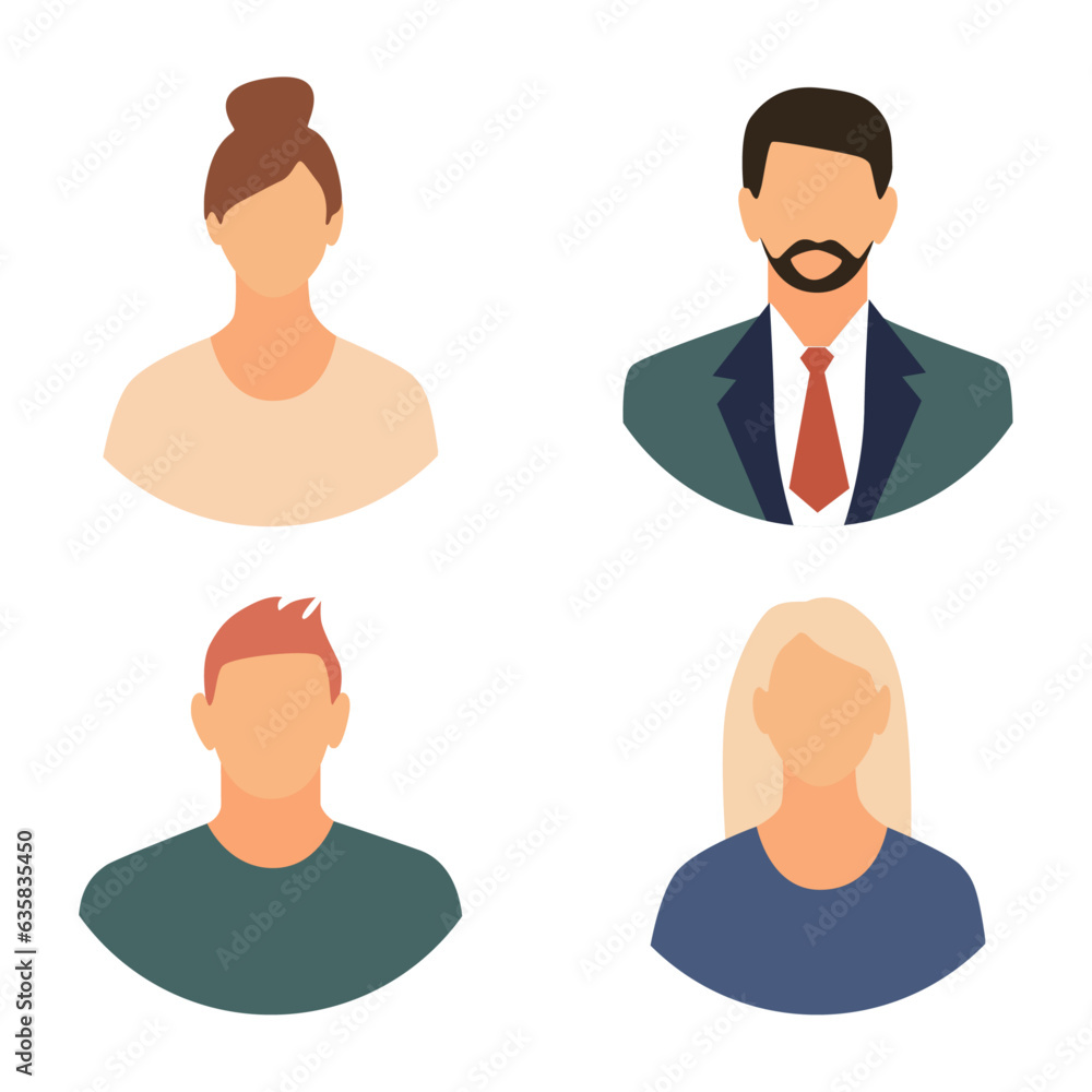 Vector flat illustration. Men and women in different styles. Avatar, user profile, person icon, profile picture. Suitable for social media profiles, icons, screensavers and as a template. Vector flat illustration. Men and women in different styles. Avatar, user profile, person icon, profile picture. Suitable for social media profiles, icons, screensavers and as a template.