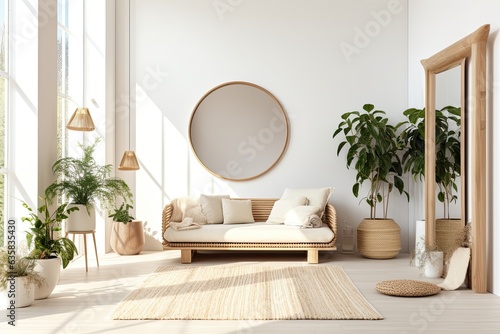 Contemporary and minimalist interior with open space  wood furniture  plants  mirror  macrame  and elegant decorations. Bright and stylish home template.