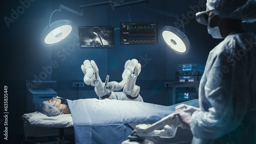 Quadro su tela Surgeon Wearing Augmented Reality Headset And Using High-Precision Remote Controlled Robot Arms To Operate On Patient In Hospital