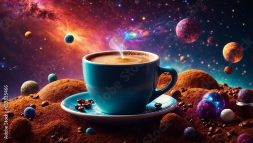 a cosmic scene where cup of coffee. depicting the ubiquitous nature of caffeine in modern life