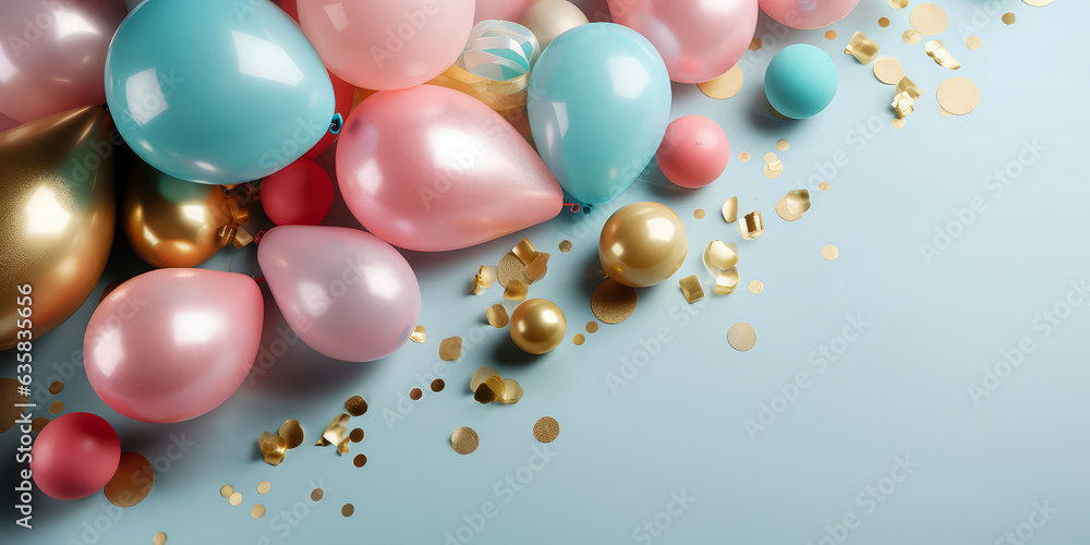 colorful balloons background with confetti. Anniversary. Banner for birthday, party, Christmas, New Year, promotion social media cover. holidays mockup. top view, flat lay Generative Ai