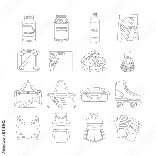 Vitamins, protein, floor scales, bag, rollers, sportswear, gloves. Sport equipment. Fitness inventory. Line art.