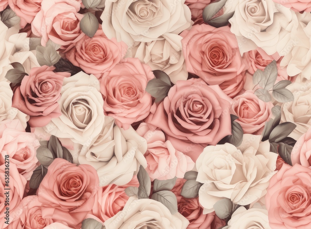 Fototapeta premium Pink roses background. Retro filter. SEAMLESS PATTERN. SEAMLESS WALLPAPER. Created with Generative AI technology.