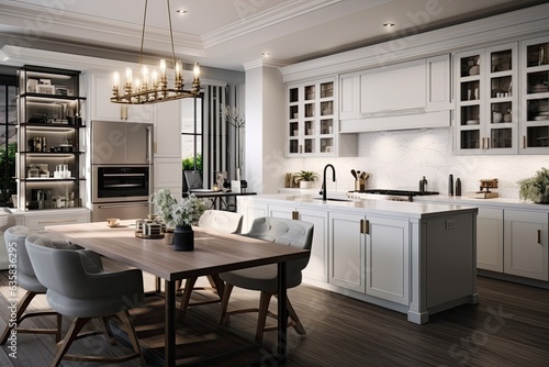A kitchen with white tones, spacious countertops, luxurious appliances, additional spice kitchen, stylish leather chair, dining table, wine fridge, and office work area.