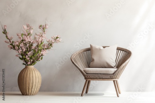 Wicker armchair and flower in mock up living room interior.