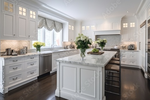 A custom modern white kitchen with a traditional touch created by interior designer Tracy Barber in Toronto, Ontario, Canada.