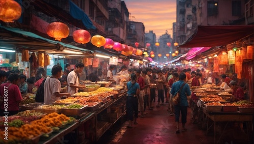 a bustling street food market with stalls offering a diverse array of global street food favorites, capturing the vibrant energy and delicious aromas © Rasula