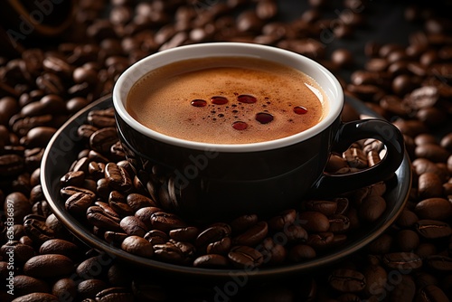 coffee cup with coffee beans on dark table made with generative ai technology