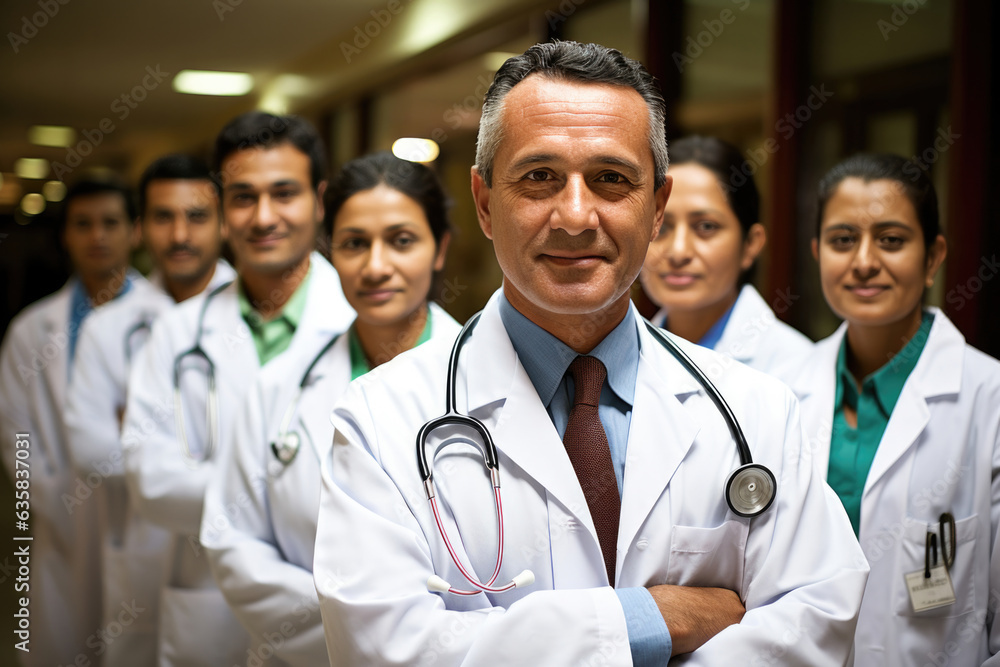 Group of Indian Doctors standing with hands folded, looking at camera Group of Indian Doctors standing with hands folded, looking at camera