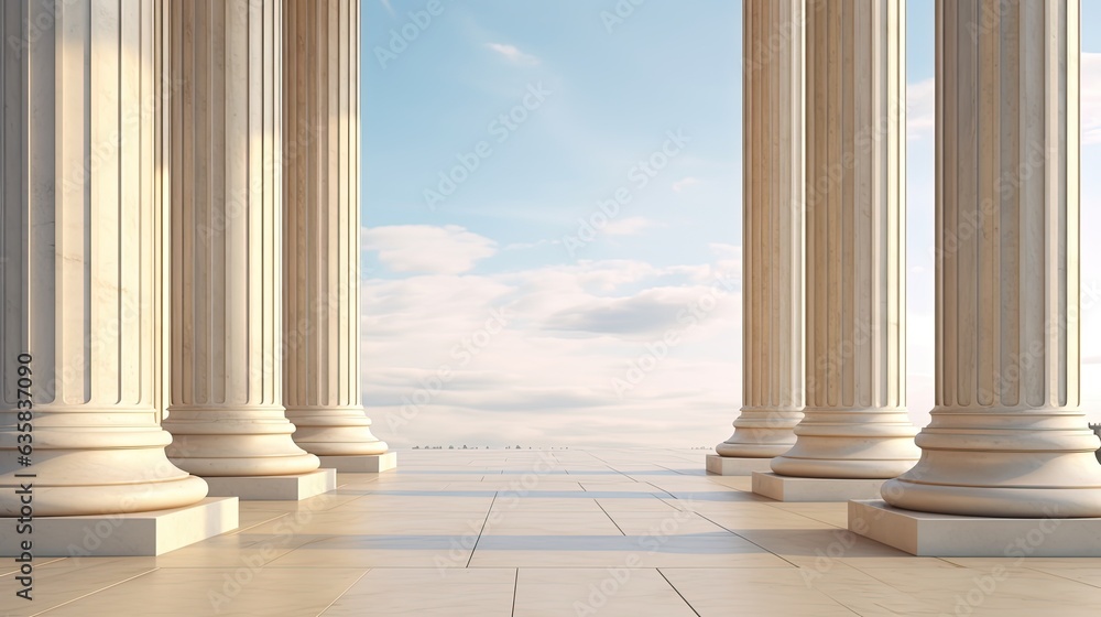 Classical Stone Building Facade with Marble Columns and Colonnade. 3D Illustration of a Court Banner with Greek Pillars. Generative AI