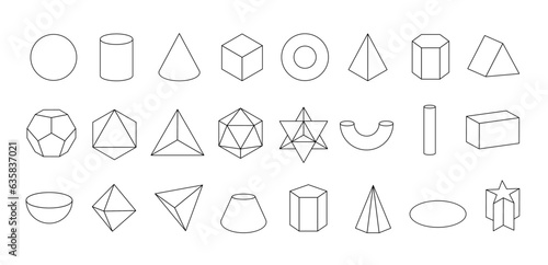 Set of vector linear black geometric shapes. Mathematics of a geometric figure, contour. Platonic solid. Icons, logo for education, business, design. Outline.