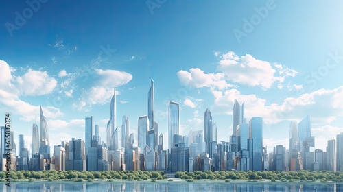 City Panorama - Aerial View of Modern Day Landscape with Skyscrapers and Urban Architecture under a Blue Sky: Generative AI