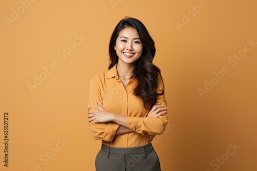 Confident and Smiling: Portrait of a Happy Asian Woman with Crossed Arms on Studio Background: Generative AI