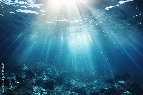 Deep Nature Underwater: Stunning Blue Ocean Background with Sun Rays Lighting up the Surface. Generative AI © Serhii