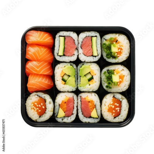 Veggie sushi in a lunchbox top view isolated on transparent background. Generative AI