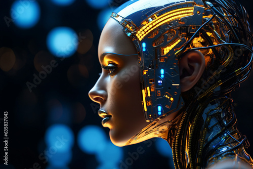 Generative ai collage of female humanoid robot invention on dark black background