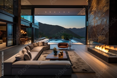 Stunning living room in contemporary luxury house boasts high ceilings, blazing fireplace, and breathtaking view of infinity pool and valley.