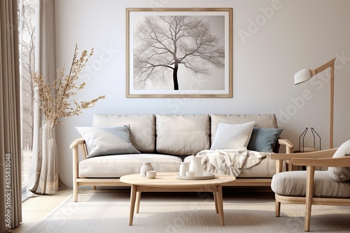 Scandinavian style living room with modern interior and poster frame. © 2rogan