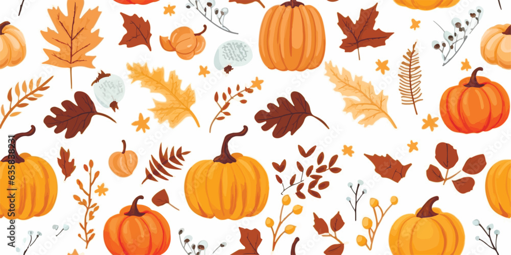 Autumn decorative seamless pattern with pumpkins and seasonal elements, acorns, plants, leaves - obrazy, fototapety, plakaty 