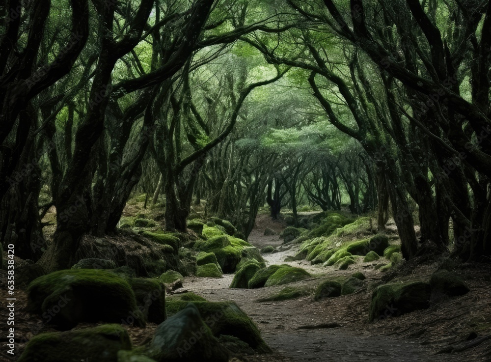 Drone view of amazing green forest with trees and bushes growing in countryside. Created with Generative AI technology.