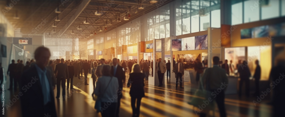 Expansive Exhibition Hall Abuzz with Numerous Visitors Exploring Engaging Displays - AI generated - obrazy, fototapety, plakaty 