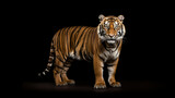 A full shot of a tiger on a black background