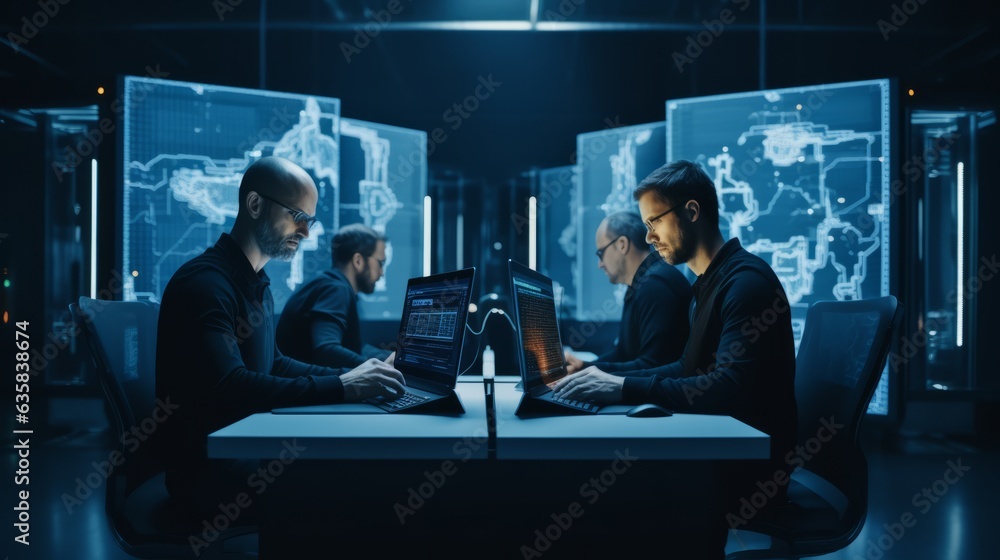 Colleague Teamwork brainstorming and discussing and using laptop or tablet working in Office Data Center late at night, Cloud Computing, Web Service Empowered,Network for Cyber Security, Generative AI