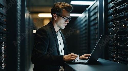 Businessman using laptop or tablet working in Office Data Center late at night, engineer and technician administrator, Cloud Computing, Web Service Empowered, Network for Cyber Security, Generative AI
