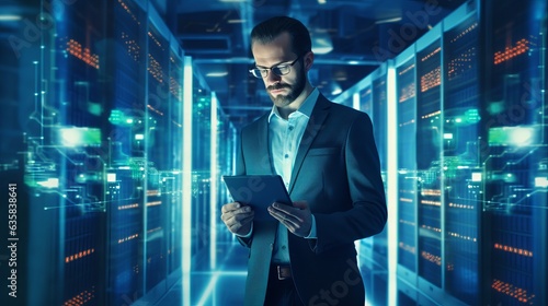 Businessman using laptop or tablet working in Office Data Center late at night, engineer and technician administrator, Cloud Computing, Web Service Empowered, Network for Cyber Security, Generative AI