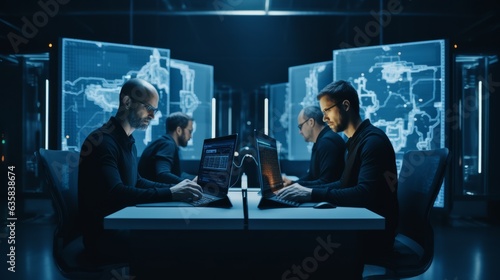 Colleague Teamwork brainstorming and discussing and using laptop or tablet working in Office Data Center late at night, Cloud Computing, Web Service Empowered,Network for Cyber Security, Generative AI