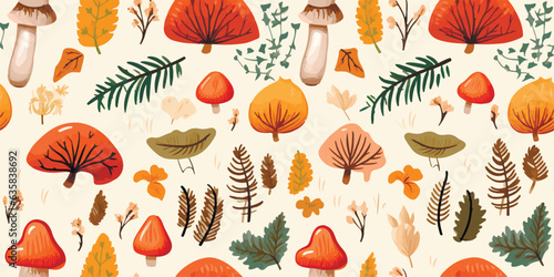 Autumn decorative seamless pattern with seasonal elements, acorns, plants, leaves, mushrooms