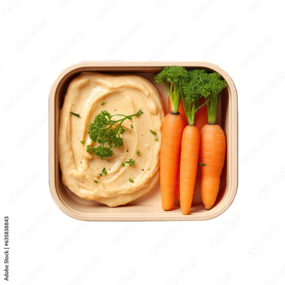 Baby carrots with hummus in a lunchbox top view isolated on transparent background. Generative AI
