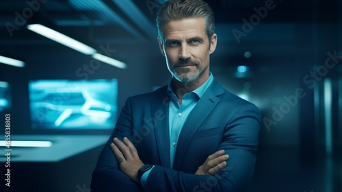Portrait Attractive Middle Businessman wearing suit arms crossed and smiling over blur office background, Happy professional Confident CEO, leader of company, Business Financial concept, Generative AI © THANANIT