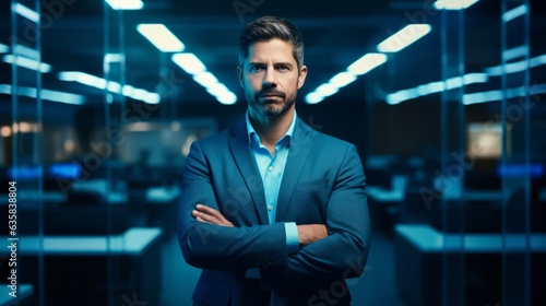 Portrait Attractive Middle Businessman wearing suit arms crossed and smiling over blur office background, Happy professional Confident CEO, leader of company, Business Financial concept, Generative AI