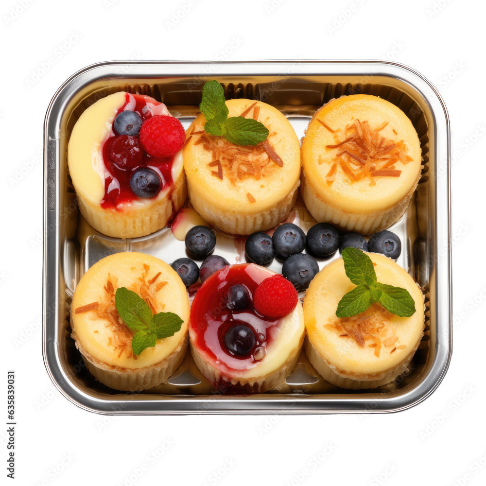 Mini cheesecakes in a lunchbox top view isolated on transparent background. Generative AI Mini cheesecakes in a lunchbox top view isolated on transparent background. Generative AI