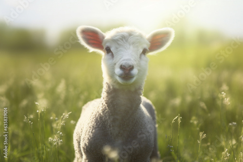 field animal sheep meadow sun grass wool farm lamb green. Generative AI.