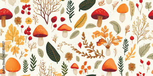 Autumn decorative seamless pattern with seasonal elements, acorns, plants, leaves, mushrooms