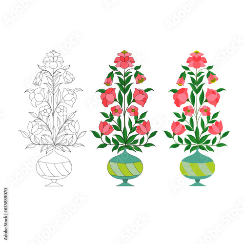 Mughal motif, flower pot, ornamental, outline and colour