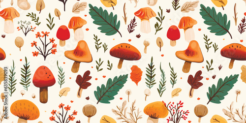 Autumn decorative seamless pattern with seasonal elements, acorns, plants, leaves, mushrooms