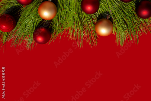 Christmas background with a Christmas tree and Christmas toys forming a frame  there is free space