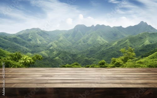 table background of free space for your decoration and blurred landscape of mountains.Blue sky with sun light and green small leaves. Created with Generative AI technology.