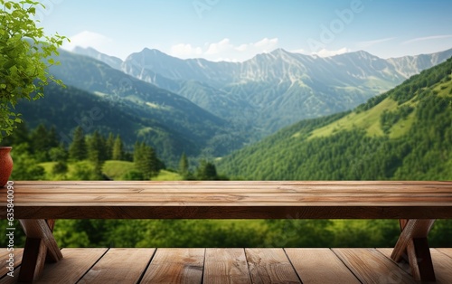 table background of free space for your decoration and blurred landscape of mountains.Blue sky with sun light and green small leaves. Created with Generative AI technology.