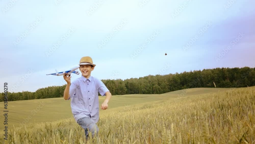 Childhood Dreams Soar: Happy Boy Running through a Field with Toy Airplane on a Summer Evening, Aspiring to be a Pilot Childhood Dreams Soar: Happy Boy Running through a Field with Toy Airplane on a Summer Evening, Aspiring to be a Pilot