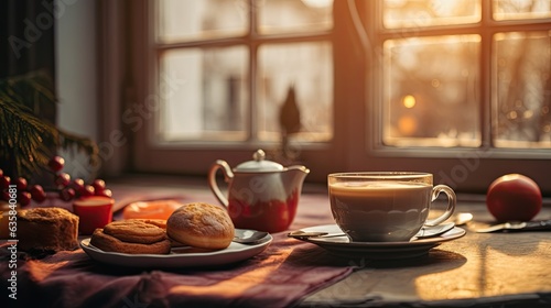 Cup of coffee and cookies on a table by the window. Bokeh lights on background.