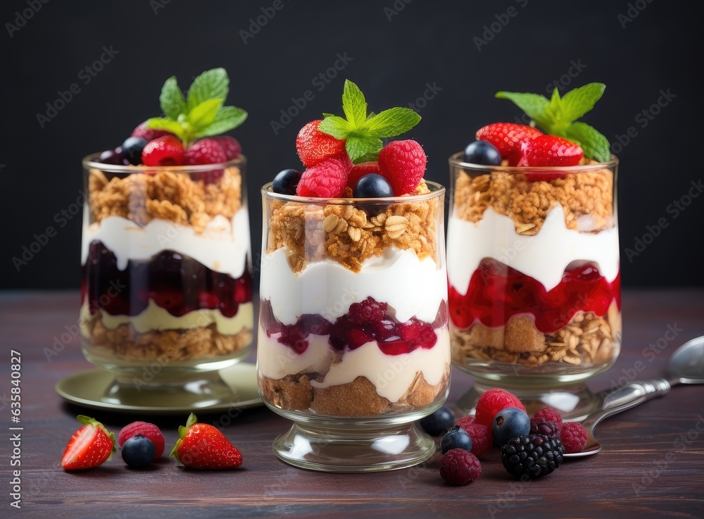 Japanese popular dessert parfait made with fresh fruit, yogurt and granola isolated on cement background. Created with Generative AI technology. Japanese popular dessert parfait made with fresh fruit, yogurt and granola isolated on cement background. Created with Generative AI technology.