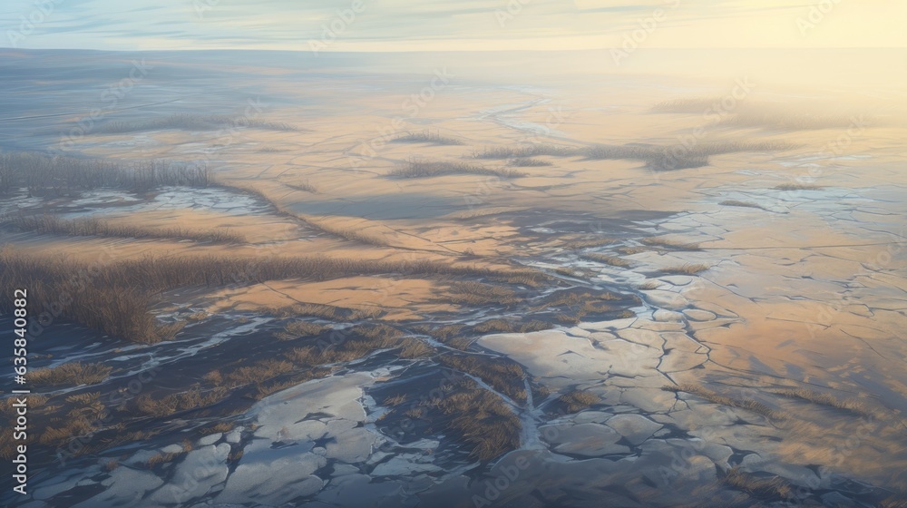 Aerial view of the winter landscape with frozen river and blue sky Aerial view of the winter landscape with frozen river and blue sky
