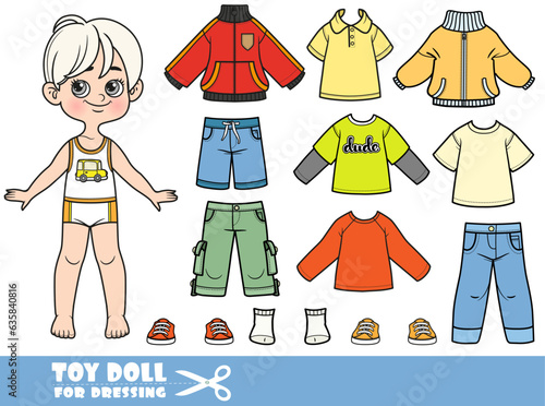 Cute cartoon blond boy - summer and early autumn season - shirts, jacket, shorts, boots and jeans. Doll for dressing