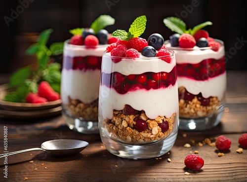 Japanese popular dessert parfait made with fresh fruit  yogurt and granola isolated on cement background. Created with Generative AI technology.